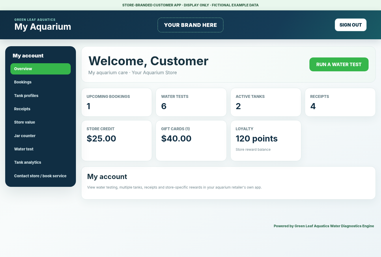 Real customer-account interface styling with fictional data, store-branded customer app demonstration