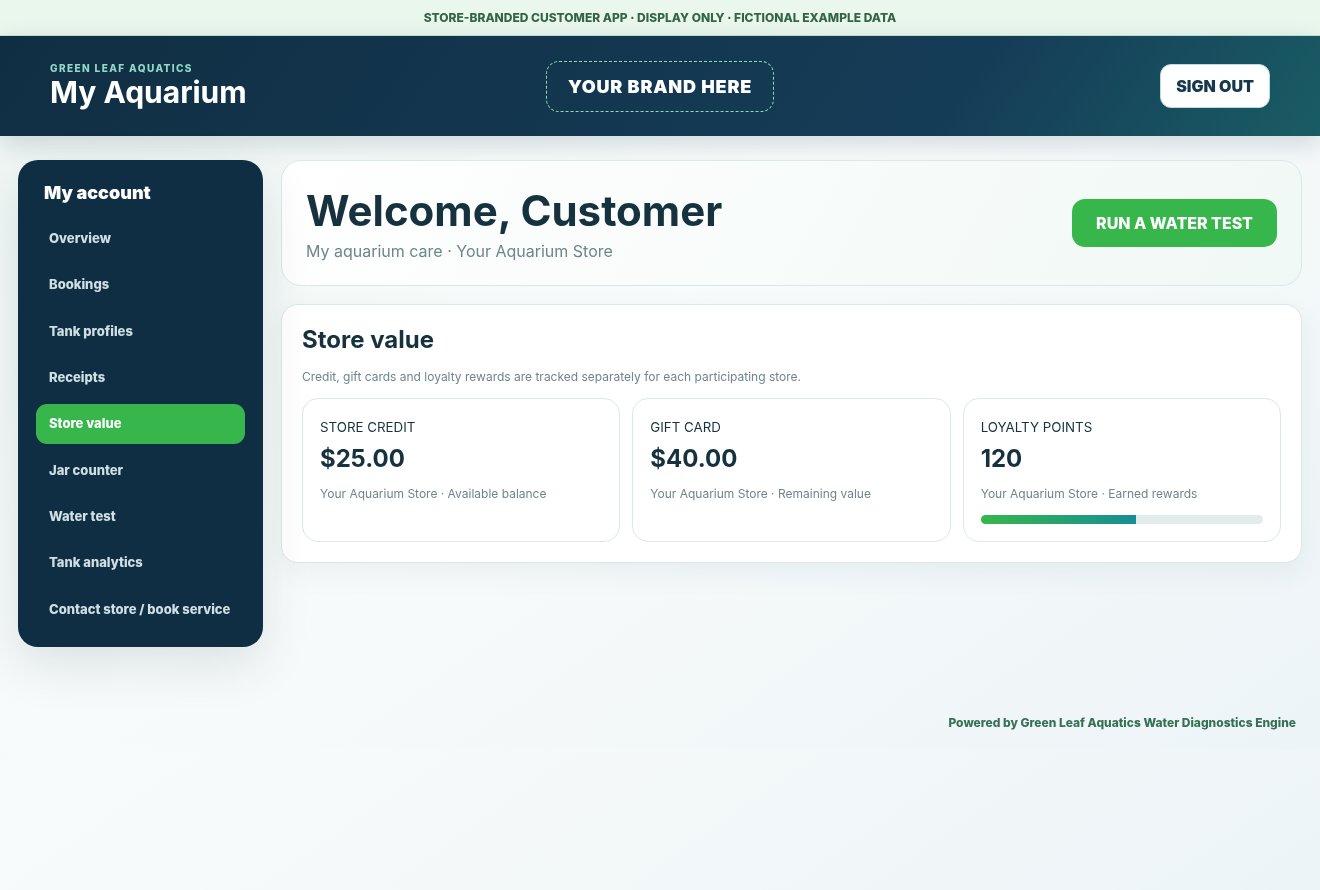 Customer app showing store credit gift cards and loyalty rewards