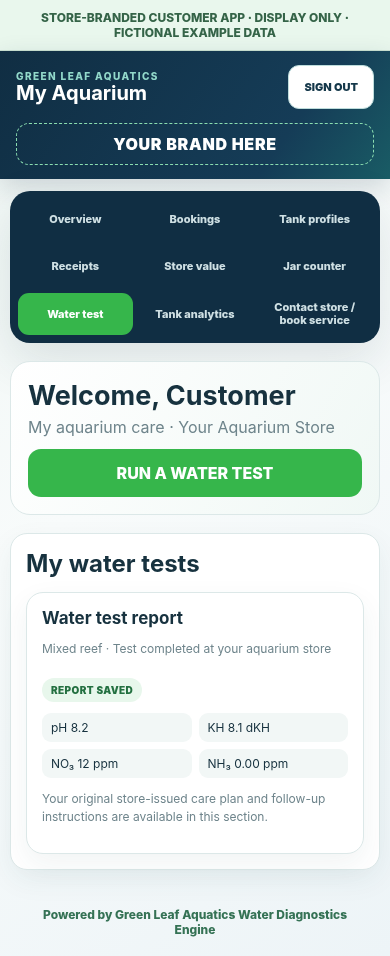 Water-test report section of the existing store-branded Green Leaf Aquatics customer app, with sample aquarium results